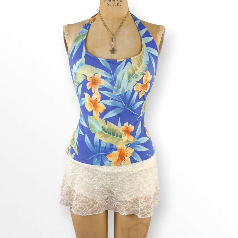 Vintage Y2K Tropical Floral Swim Halter Top Hibiscus Open Back Coconut Girl Sz L
